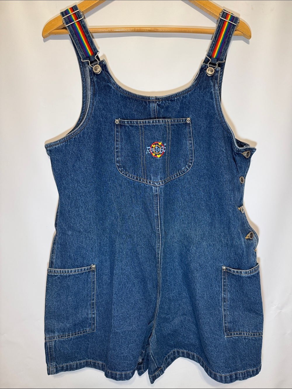 Vintage 90s Route 66 Denim Shortalls Rainbow Straps - Large